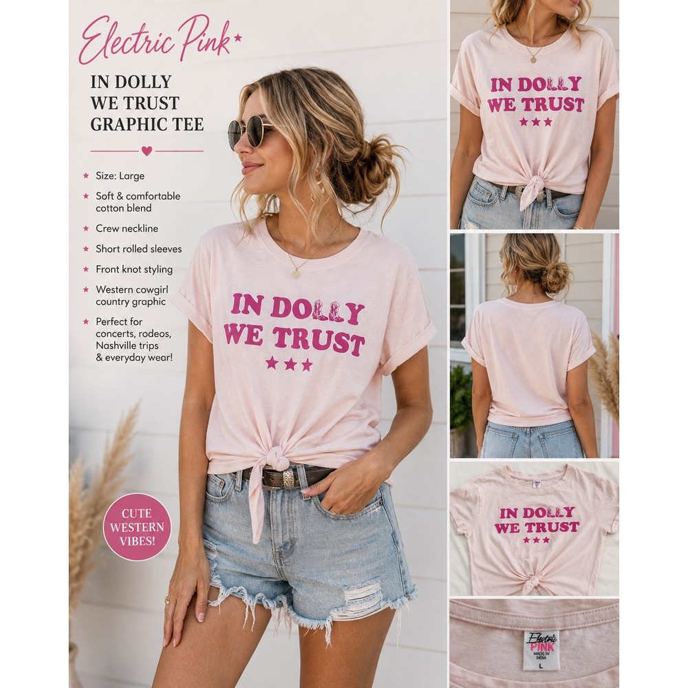 Electric PINK In Dolly We Trust Graphic Tee L Western Cowgirl